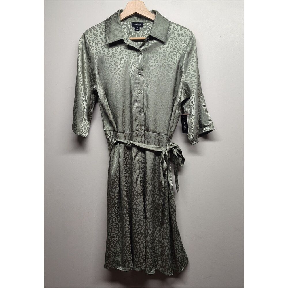 Tacera Mini Dress Women Size M Green Satin Short Roll Tab Sleeve Cocktail Party